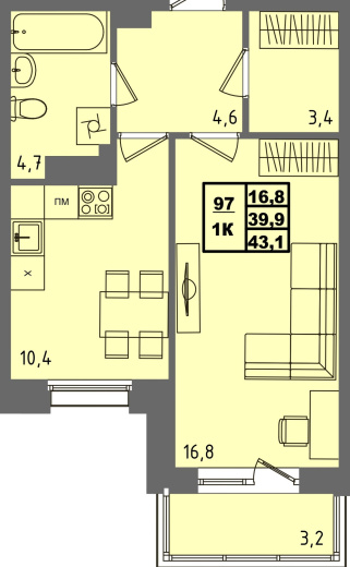 купить квартиру 1 комната, 43.1 кв.м. №97 в петрозаводске