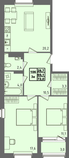 купить квартиру 2 комнаты, 72.1 кв.м. №106 в петрозаводске